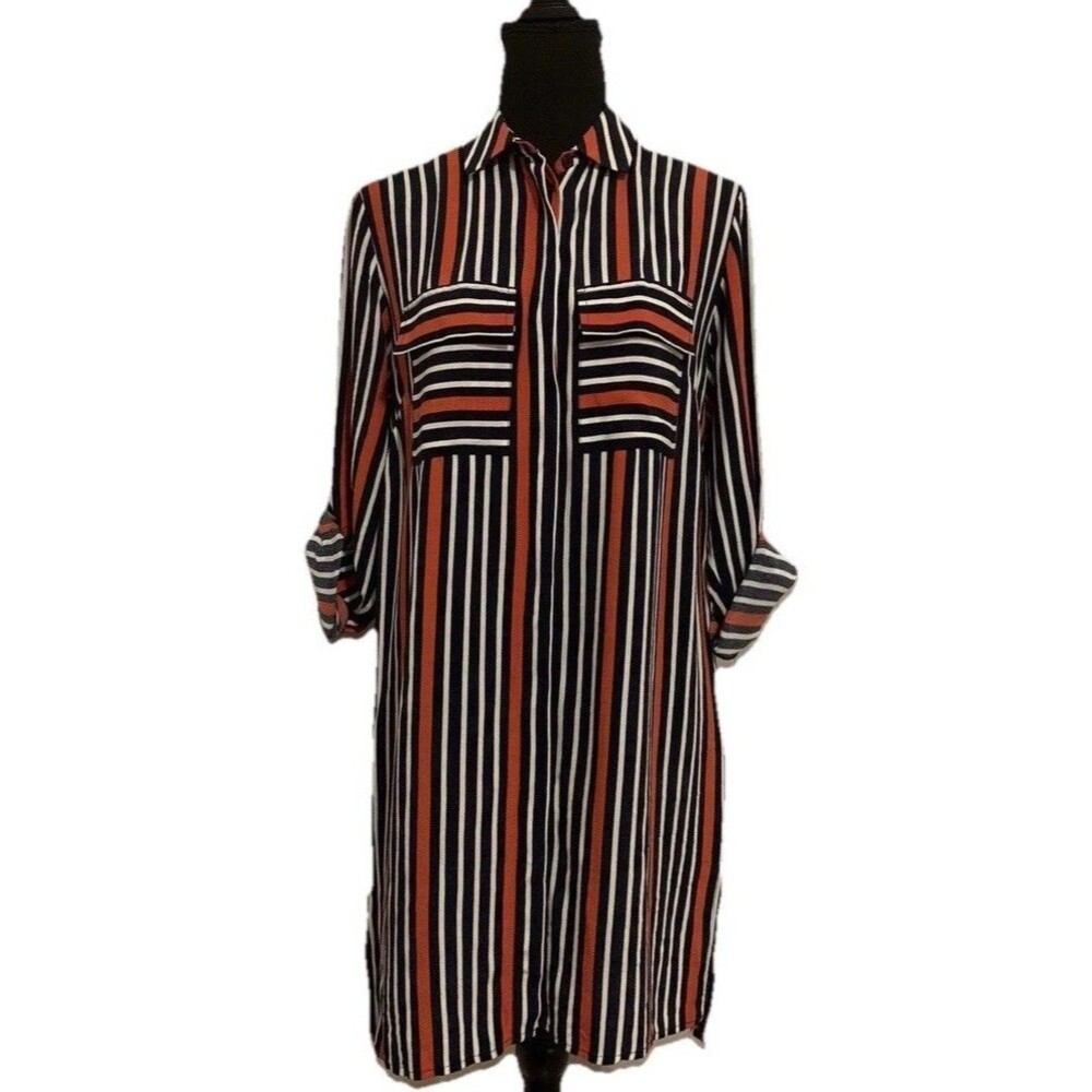 TopShop Womens Size 2 Striped Shirt Dress Roll Tab Sleeves